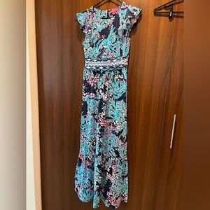 EUC Lilly Pulitzer Navy & Aqua Ruffle sleeve Maxi Dress - size medium!